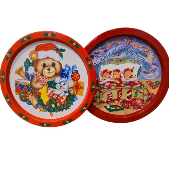 Retro Christmas tin tray set Teddy bear anthropomorphic Holiday serving platter - Picture 2 of 10